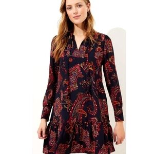 LOFT Paisley Tie Neck Tiered Dress Medium Petite